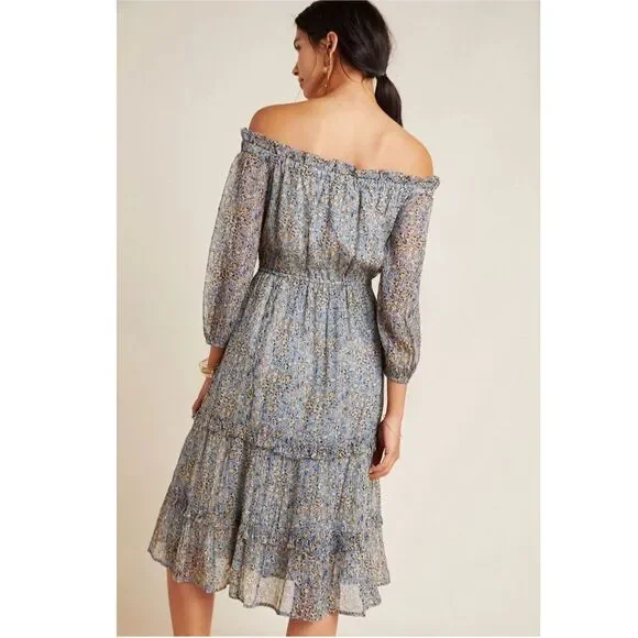 Anthropologie Kira Off-the-Shoulder Peasant Dress Blue Floral 6P - Picture 2 of 10